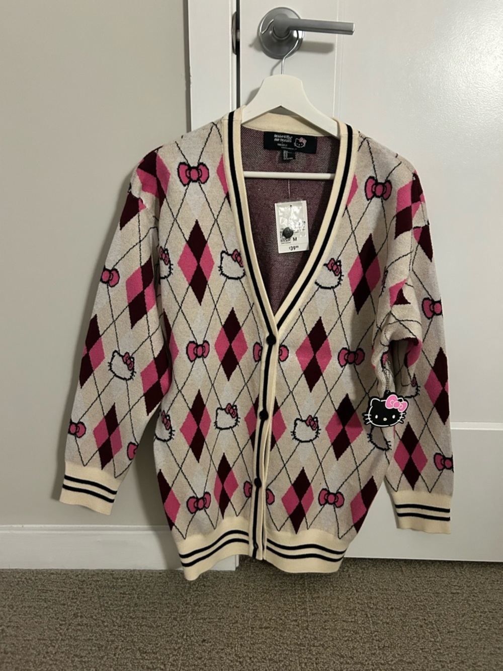 Sanrio Hello Kitty Argyle Cardigan in Cream, Pink & Maroon